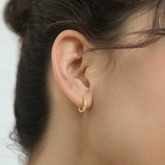 Elegant Gold Hoop Earrings, mini huggie hoops with cubic zirconia, mini hoops - Picture 5 of 5